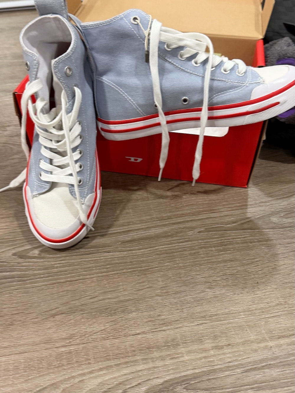 Diesel High-Top Canvas Sneakers in Light Blue and White with Red Trim